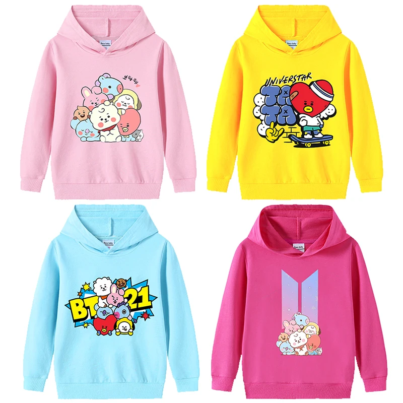 Толстовки с героями мультфильмов Bts для мальчиков и девочек, тонкая толстовка с капюшоном Bt21, весенне-осенний детский спортивный костюм, пуловер, спортивная одежда, детская одежда