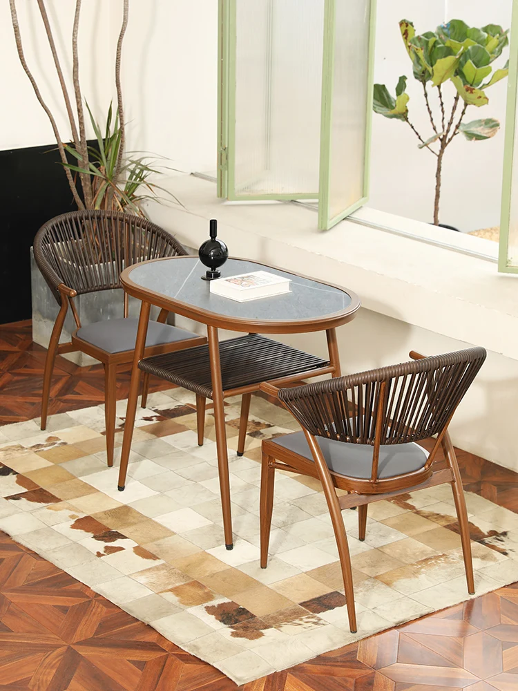 Balcony rattan three-piece set drinking tea and reading one table two chairs new Chinese rattan tables chairs