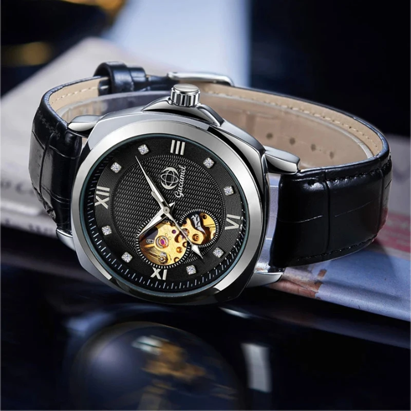Fully Automatic Mechanical Watch for Men Simple Business Leather Strap Male Fashion Diamond Inlaid Watches Night Light Creative