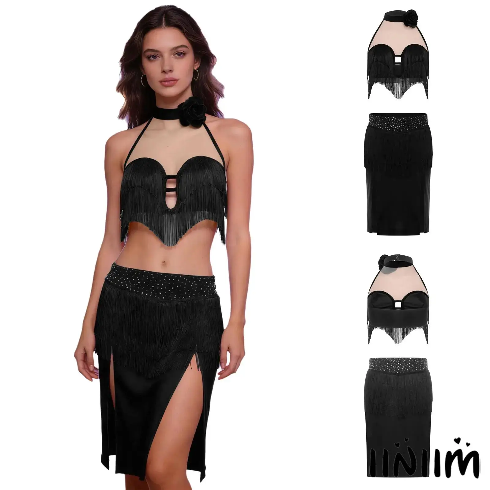 

Womens Salsa Prom Dance Outfit Halter Top Floral Applique Tiered Tassel Design And Slit Hem Skirt for Latin Belly Dance Clothing