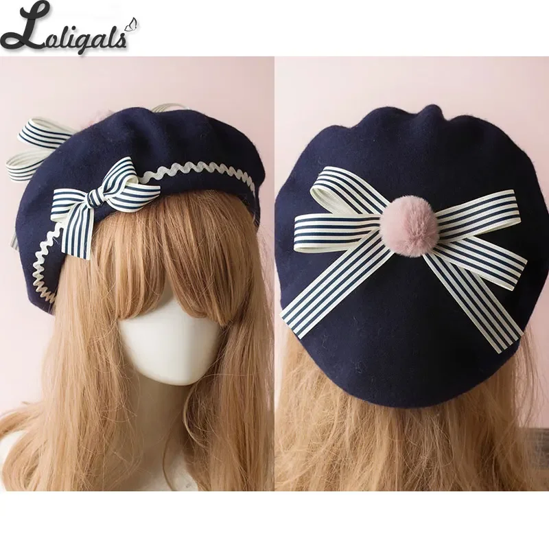 9436 Womens Sweet Lolita Denim Beret Hat Cute Bowknot Artist Painter Lolita Girl Original Fashion Warm Handwork Hat Cute Bowknot  main image 4