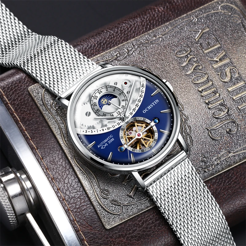 OCHSTIN Man High-Grade Cooktop Glass Skeleton Men's Stainless Steel Mesh Bracelet Watches Mechanical Flying Tourbillon Watch