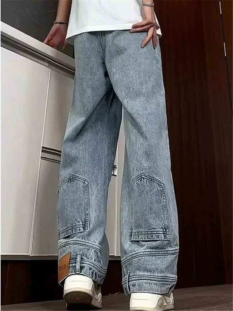 Jeans Men's Clothing Solid Color Reverse Straight Pants Splicing Y2K Loose Personality Trousers A069