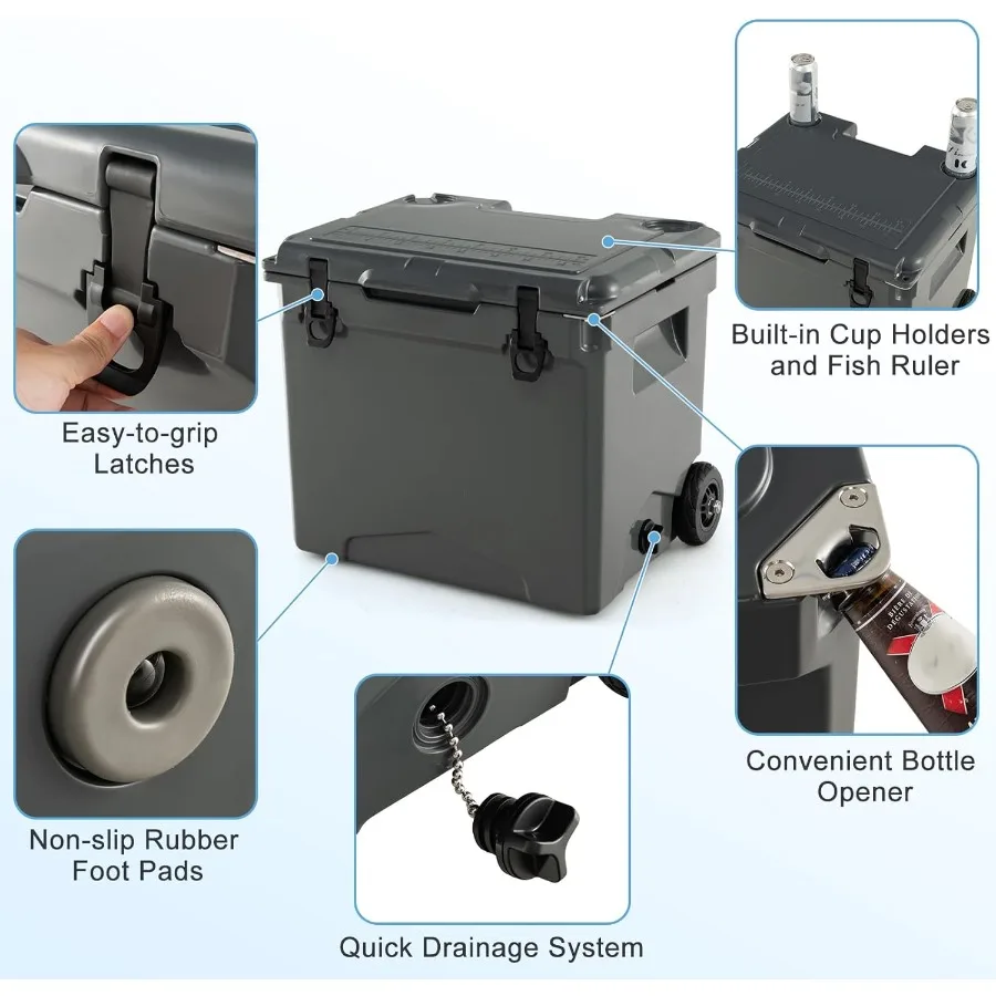 خزانة ثلج معزولة شديدة التحمل مع عجلات ومقابض محمولة لقوارب التخييم والنزهات على الشاطئ تتميز بحامل الأكواب مانع للتسرب