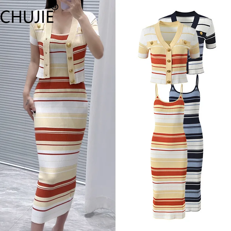 

CHUJIE 2025 Summer Unique Ribbed Set | Color-Block Striped Knit Cardigan + Tank Top & Slip Dress | Indie Design 3PC