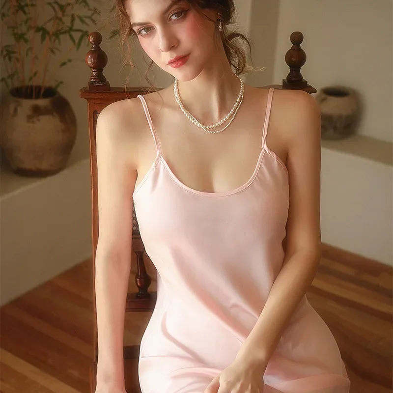 

Sexy Sleepwear Women Solid Silk O-Neck Nightgown Soft Satin Lingerie Night Dress Sleeveless Sleepwear Female Clothes
