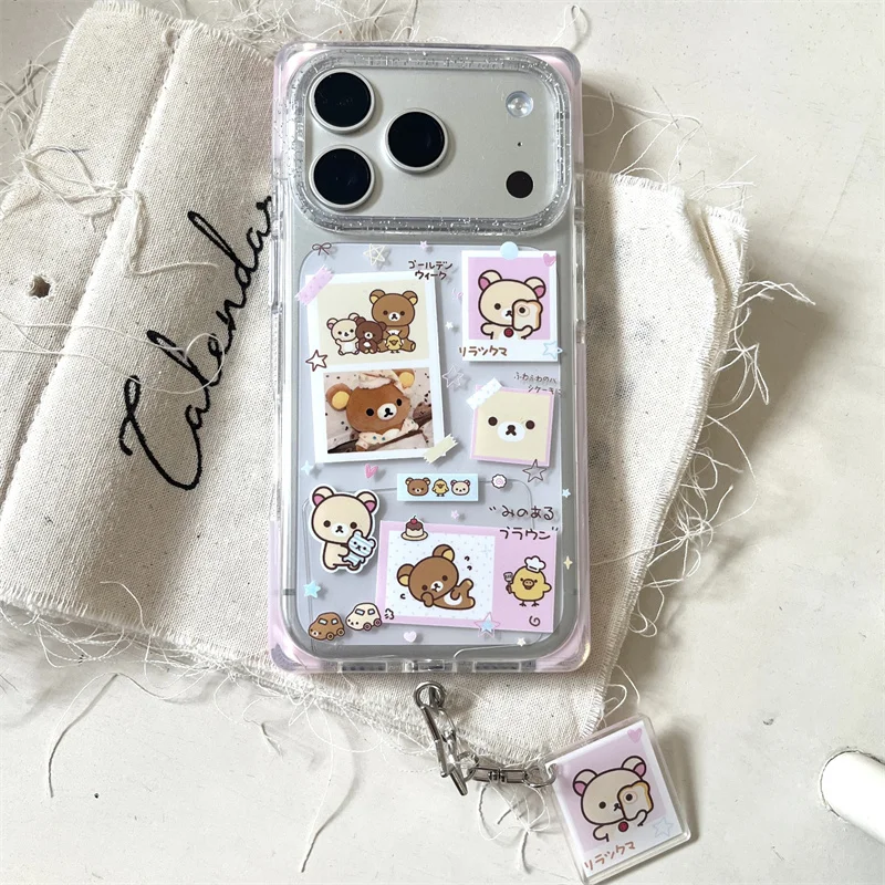 

Kawaii Rilakkuma Print Clear Glitter Phone Case With Matching Charm For iPhone 15 16 17 Pro Max shockproof protective Cover