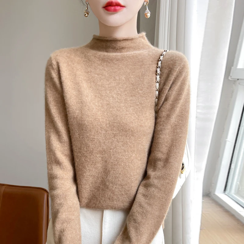 Sweater rajut wol untuk wanita, Sweater Pullover wanita hangat setengah tinggi lengan panjang, Atasan musim gugur musim dingin model Korea kasual longgar, Sweater rajut 100%