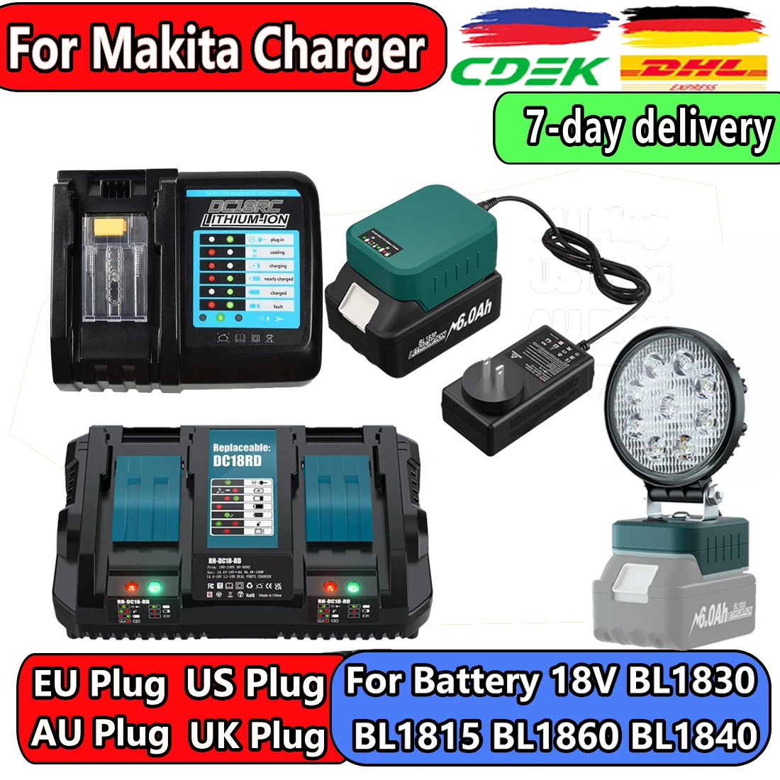 DC18RC Lithium-Ion Battery Charger with LED Screen For Makita 14.4V-18V Lithium-ion Battery BL1830 BL1840 BL1850 BL1815