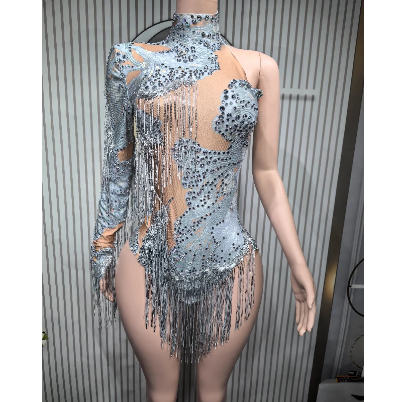 

Блестящий синий костюм-боди с фестонами и стразами для танцовщиц и певиц, сексуальный облегающий комбинезон на одно плечо, 7G