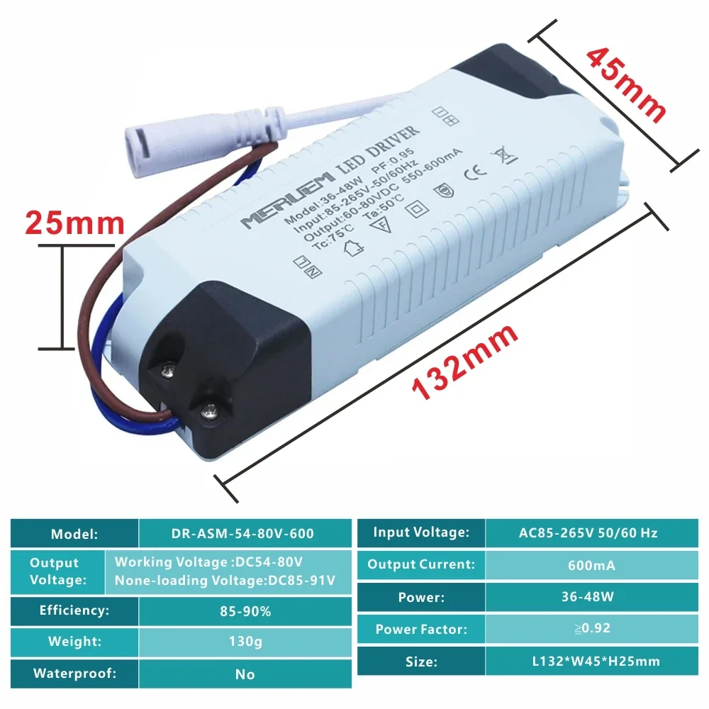 36W-48W LED Panel Lamp Power Supply Lighting Transformer AC85-265V Output 600mA DC54-80V External Drive