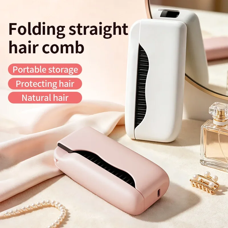 Folding Cordless Hair Straightener Brush Ionic Hot Comb Adjustable Heat LED Display USB Rechargeable Portable Styling Tool