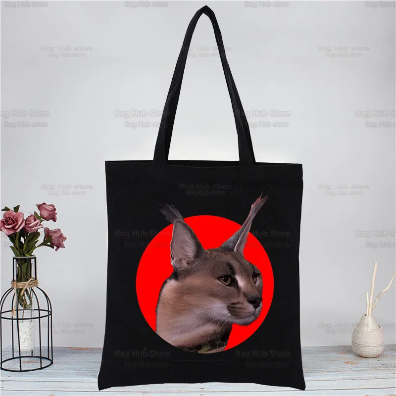 Big Floppa Cute Funny Cat Black Canvas Bag Women Girls Large Storage Handbag Shoulder Bag Tote Reusable Student Bookbag