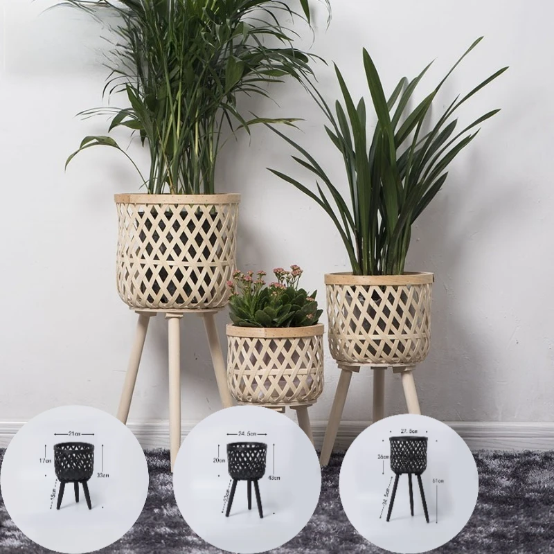 S/M/L Handmade Rattan Woven Plant Stand Wooden Floor Planter Holder for Balcony Living Room, Boho Natural Flower Pot Shelf Decor