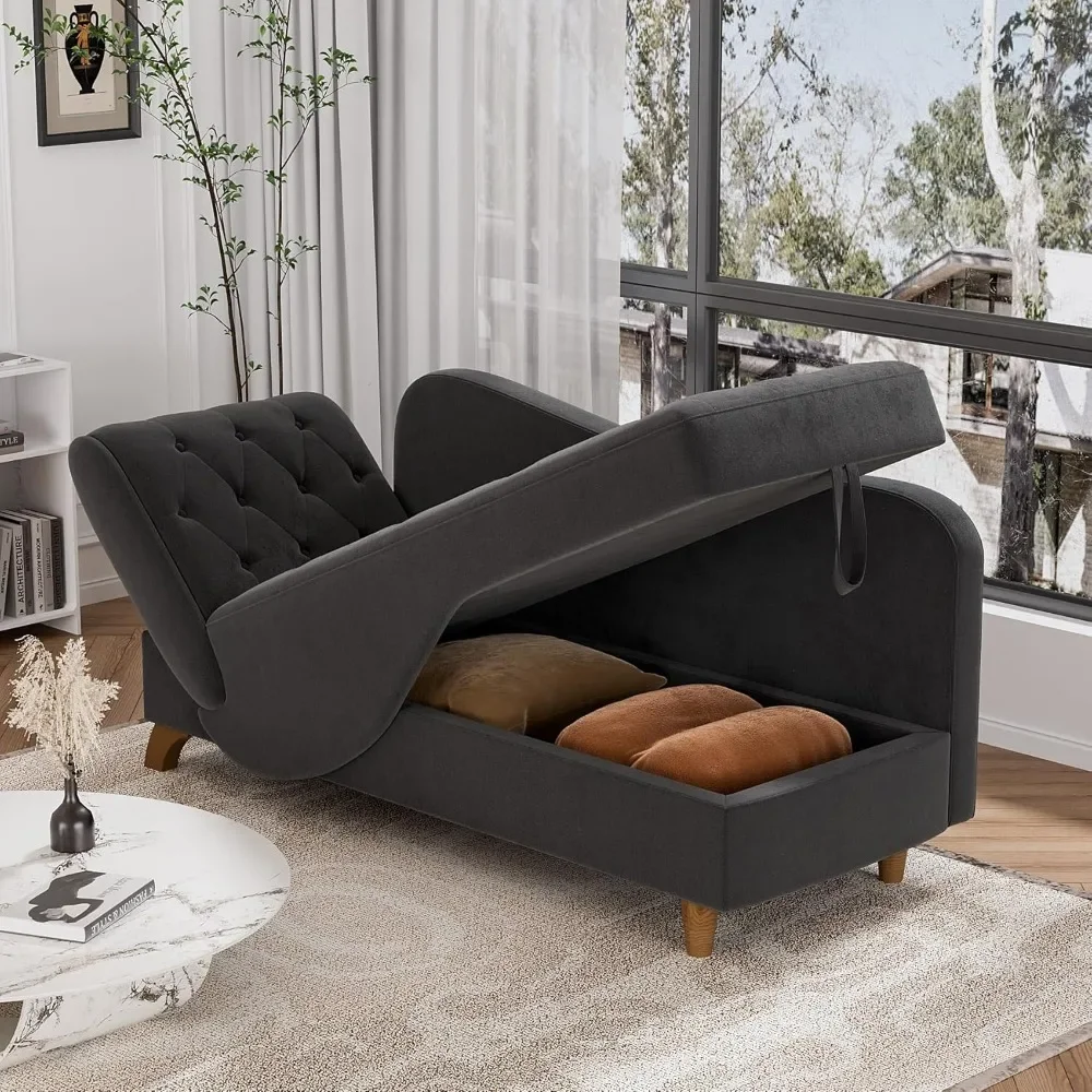 Gestoffeerde fluwelen chaise longue binnen, verstelbare bank fauteuil lounge stoel met opbergruimte en 1 kussen, getuft met knopen