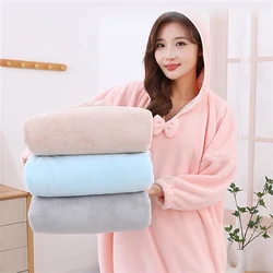 Winter Long Home Bathrobe For Women To Wear Absorbent Bath Towel Coral Fleece Thickened Home Hooded Long-Sleeved Bath Skirt