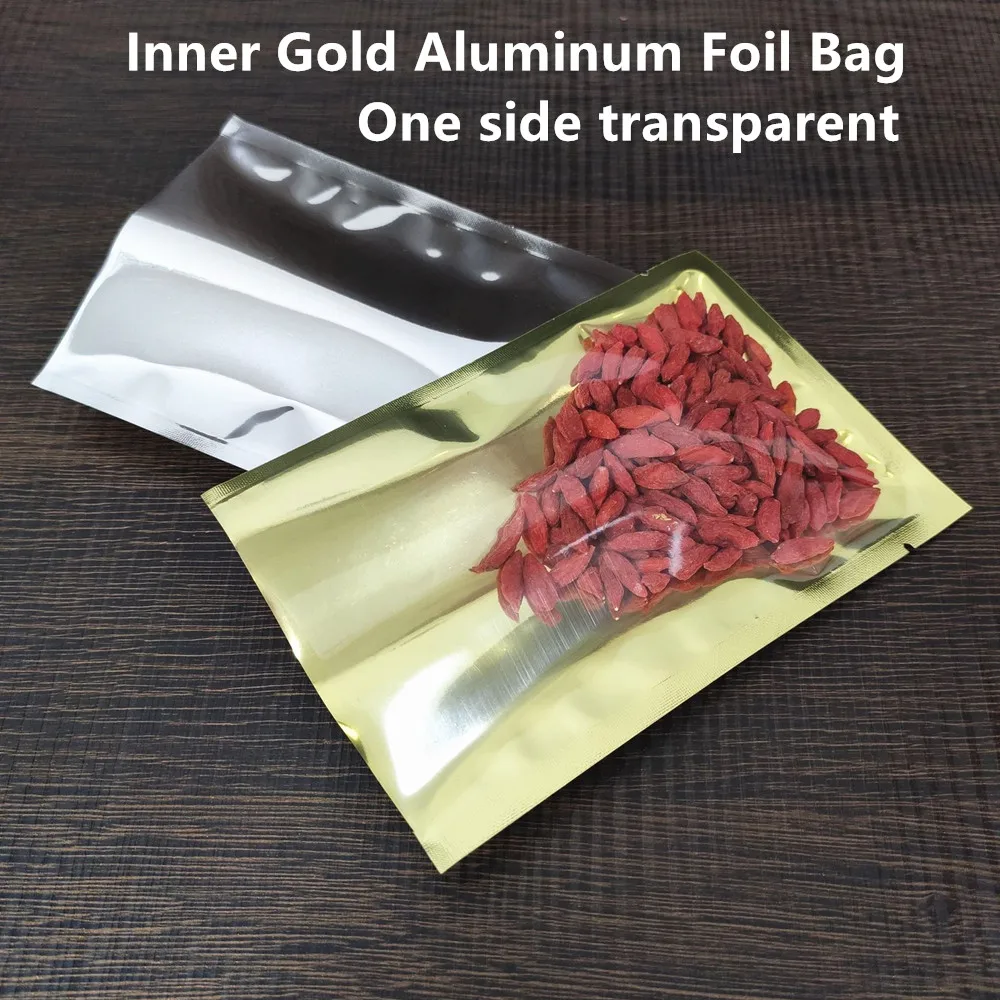 

100pcs Top Open Inner Gold Aluminum Foil Bags with Transparent Front / Food Grade Heat Seal Mylar Foil Pouches Powder Packaging