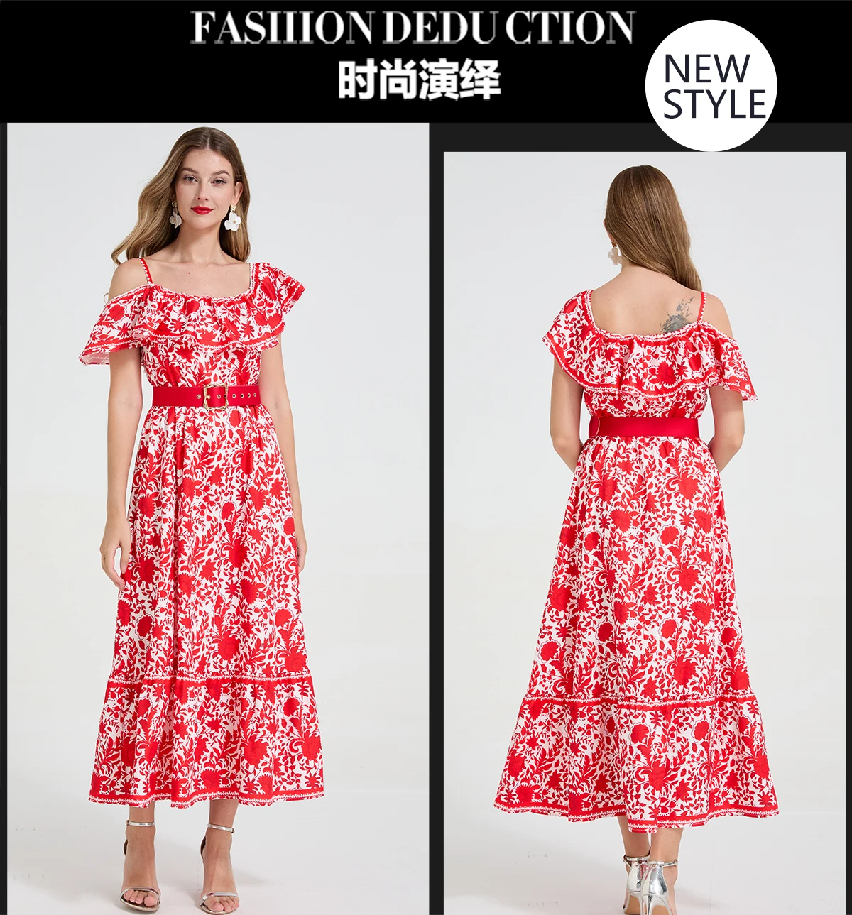 Boho Fashion Rode Print Vakantie Lange Jurk Zomer Mode Dames Sexy Eén Schouder Ruches Elegante Casual Riem Lange Jurk