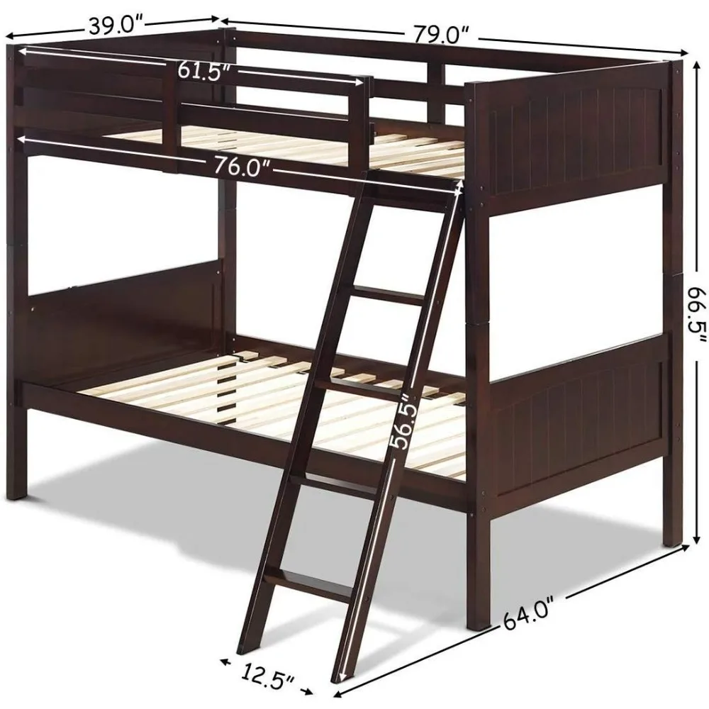 Twin Bunk Beds with Ladder and Safety Rail, Bunk Bed Convertible Into 2 Single Beds for Kid, Twin Over Sleeping Bed for Doritory