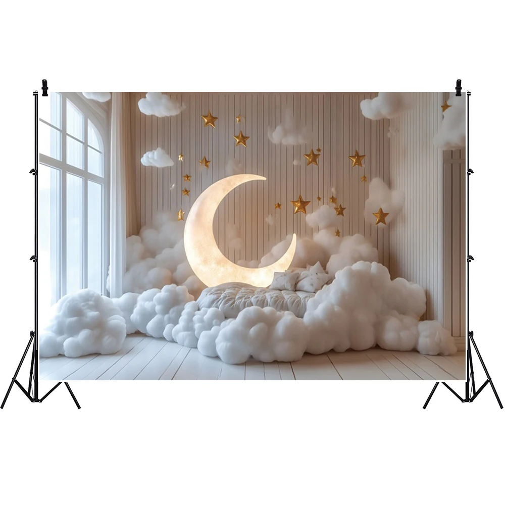 Happy Birthday Photography Backdrop Newborn Party Moon Clouds Background Kids Portrait Cake Smash Photo Banner Studio