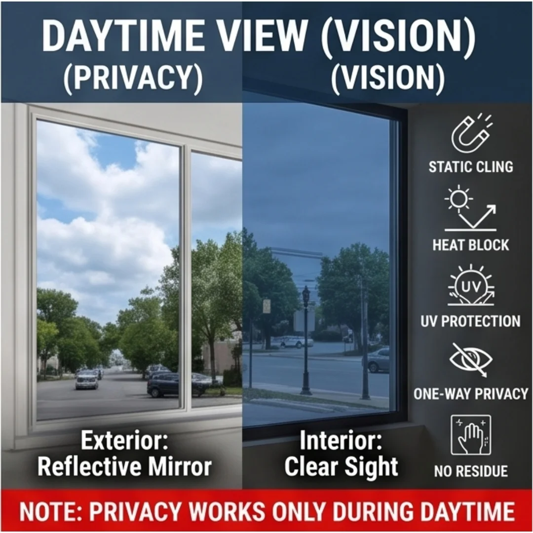 Static Cling One Way Mirror Window Film Front Dark Blue Back Silver Glue‑Free Daytime Privacy Heat UV Block Glass Sticker