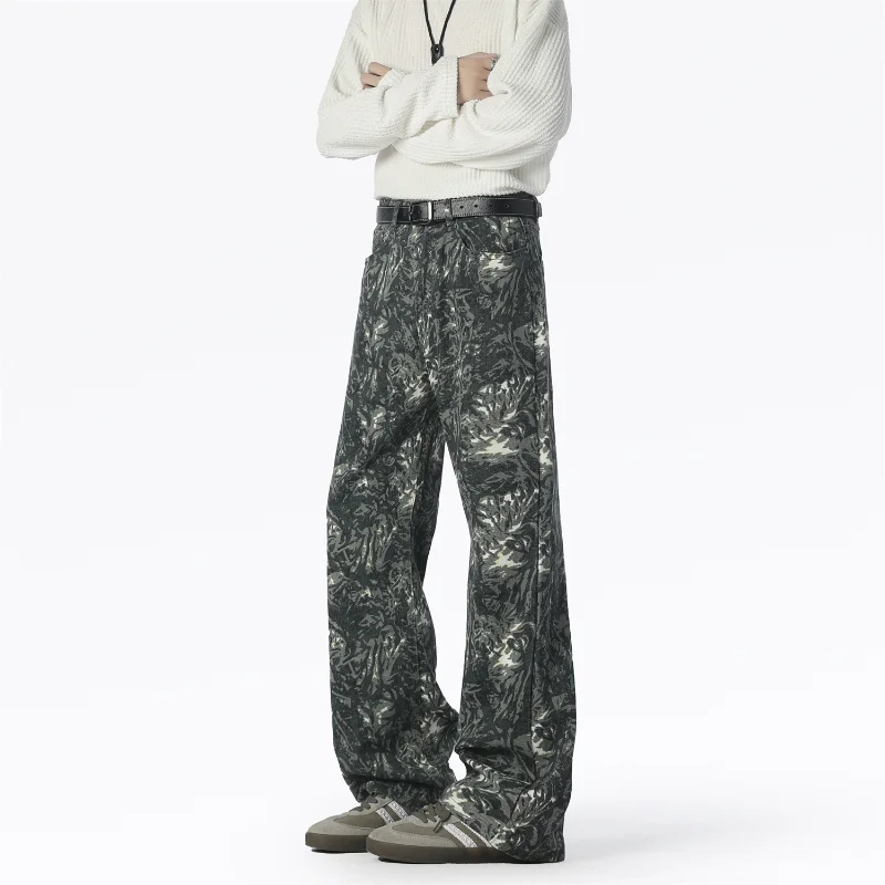 

American Tie-dyeed Full-print Jeans Men's Pants Hong Kong Style Straight Work Casual Pants