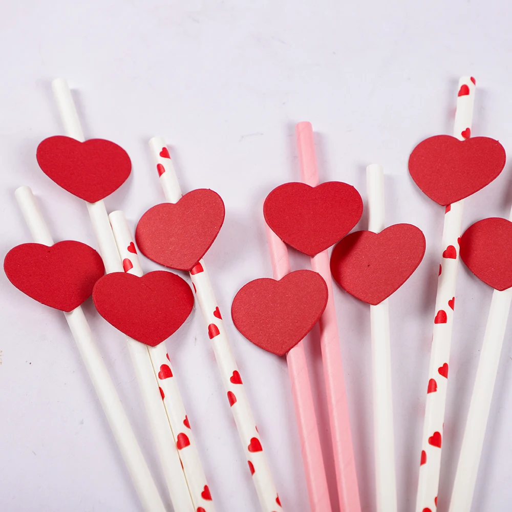 20Pcs Red Love Heart Paper Straws Romantic Wedding Party Straws Tableware Supplies Happy Valentine's Day Party Decoration