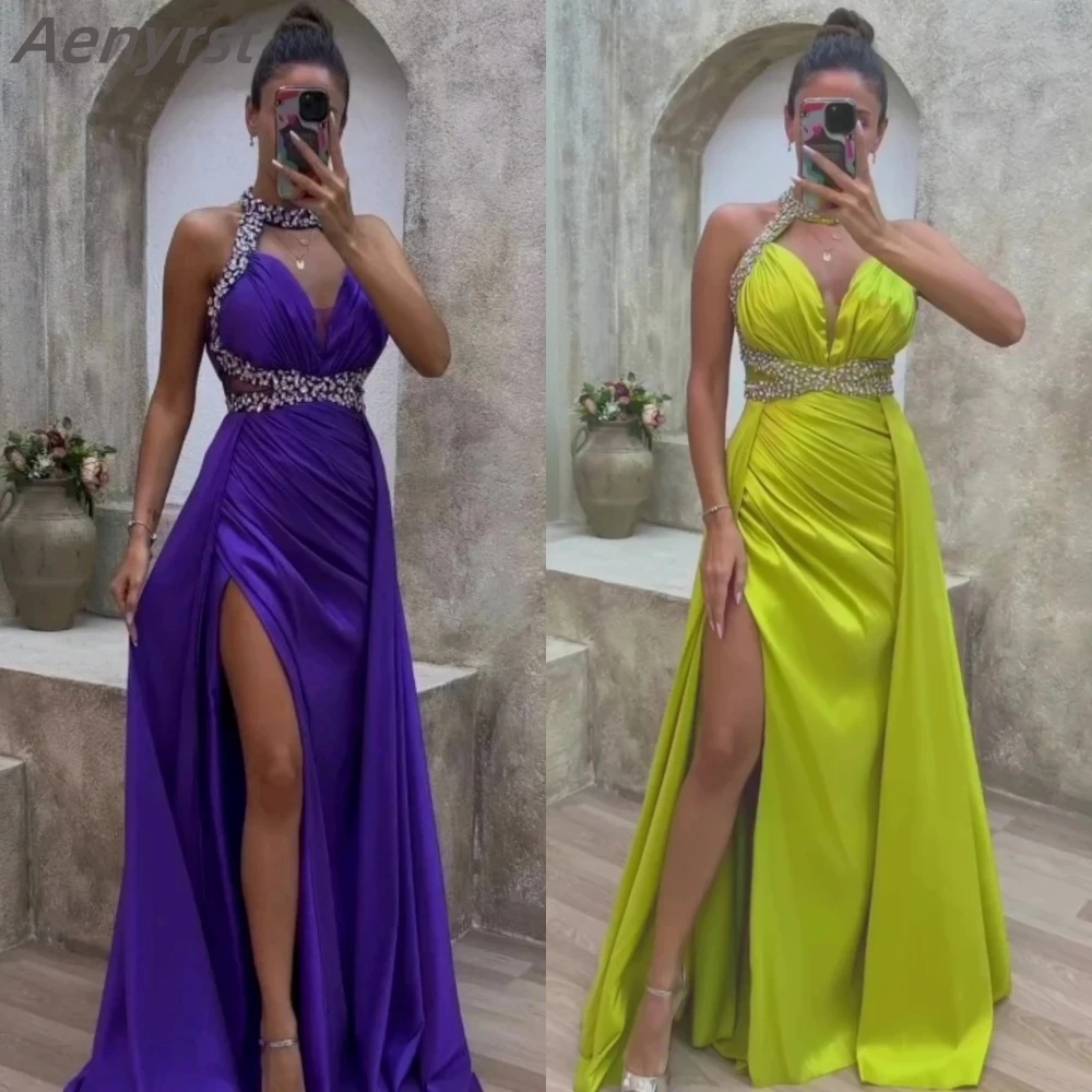 Aenyrst Satin Halter Beaded with Crystals Formal Arabic Prom Dresses High Split Pleat Wedding Guest Elegant Formal Party Gowns