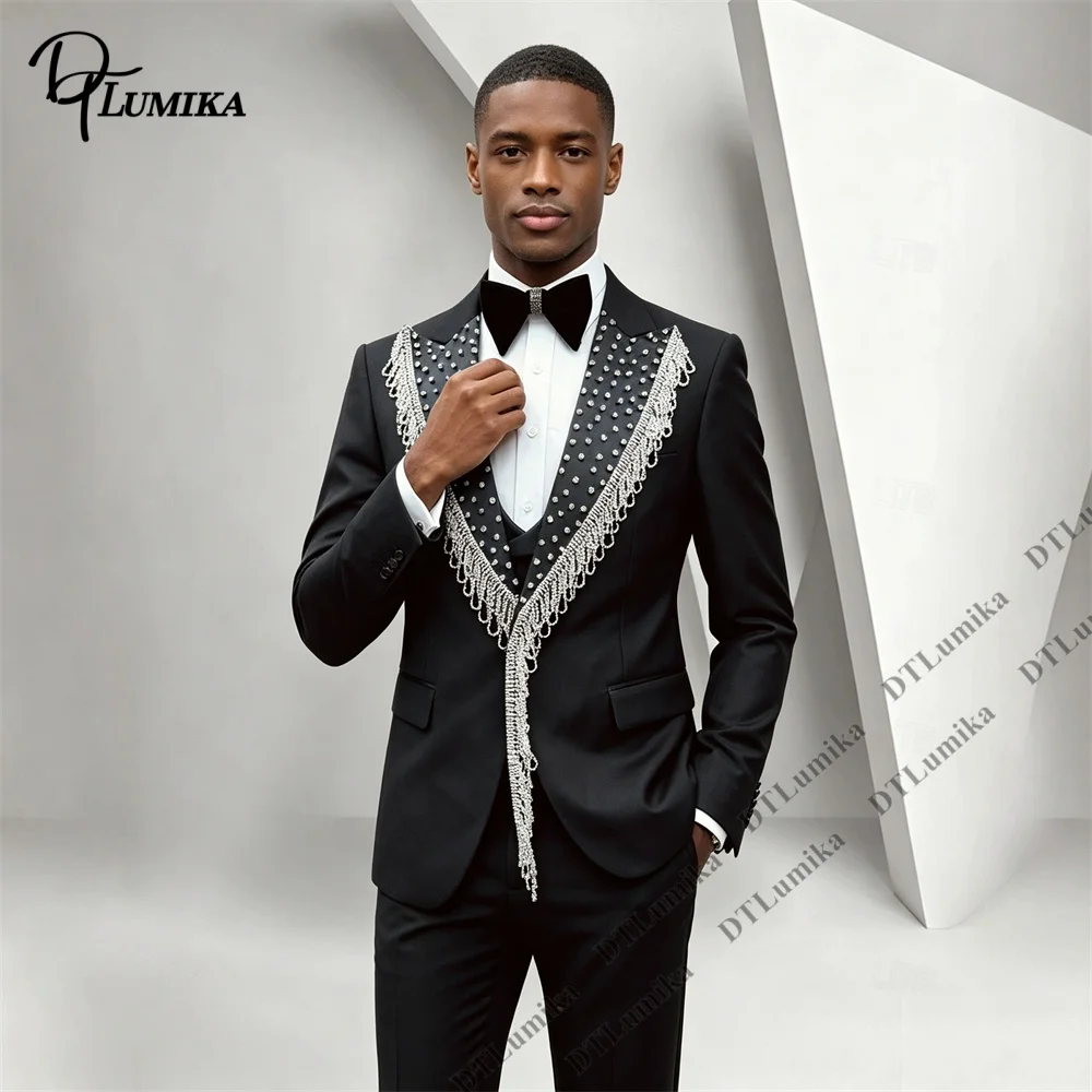Men's 3 Piece Suit Blazer Vest Pants Silver Studs Chain Tassel Shawl Lapel One Button Rocker Style Tuxedo Performance Party Suit