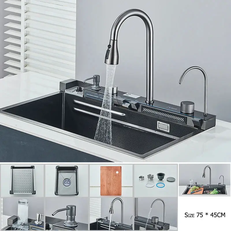 Edelstahl-Wasserfall-Küchenspüle, groß, Einzelschlitz, integriert, 75 x 45 cm, Wasserhahn-Set, Seifenspender/reines Wasser/Tassenwascher