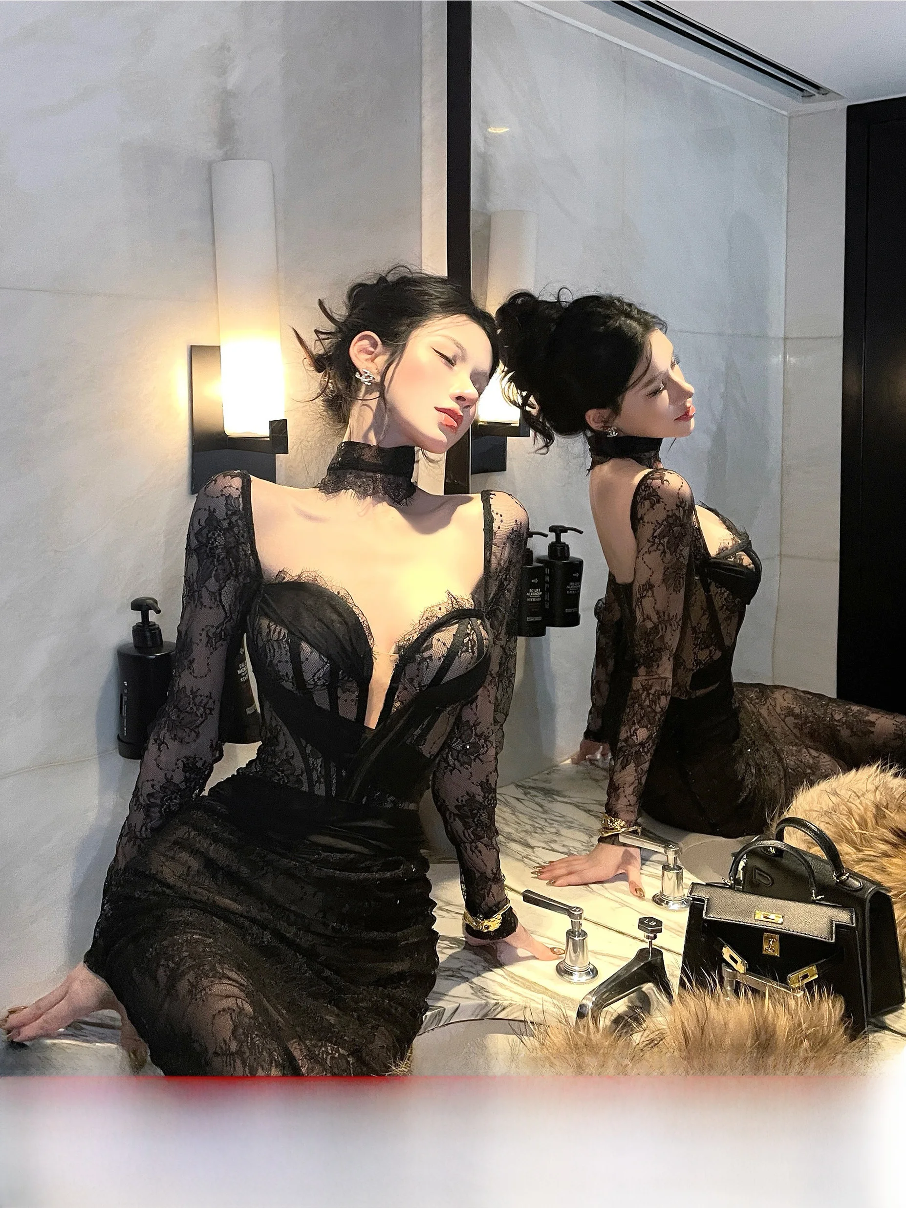

Sexy Lace Long Sve Dr Women's Winter New Sle Bodycon Long Dr Slit Dr Dustdip Club Squeezing Waist Invisible Zipper