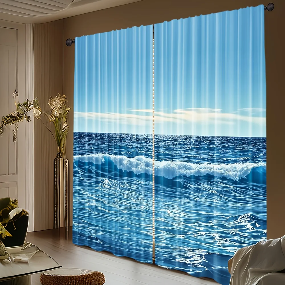 Summer Beach Ocean Sky Rod Pocket Window Curtains - Upscale Nature Room Decor for Bedroom Living Room Set of 2 Panels