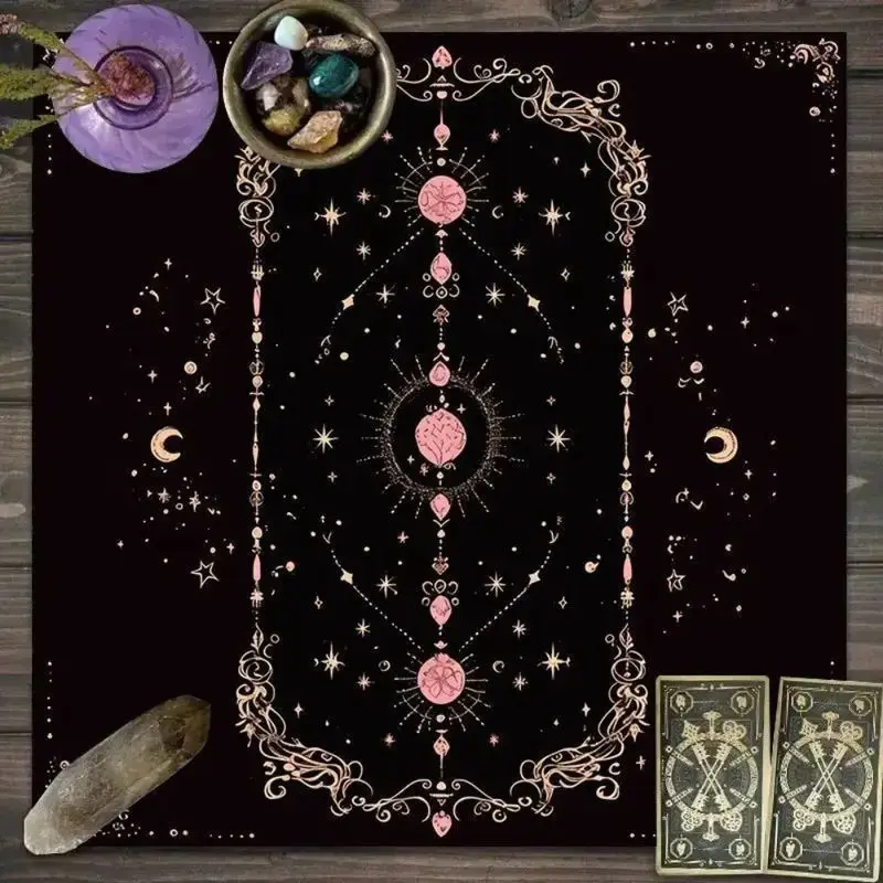 Tapis d'autel de tarot noir, rose, or rose, soleil, lune, étoile, tapis sorcière pour lecture de tarot, Wicca, rituel de cristal, décoration