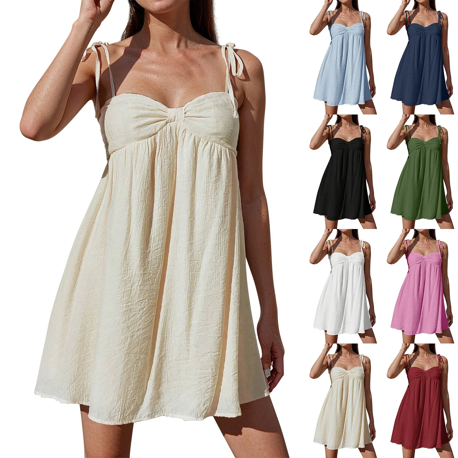 Women Sexy Tie Shoulder Cami Dress Casual Loose Sleeveless Backless Spaghetti Strap Ruched Layered Flowy Dress Elegant Fashion