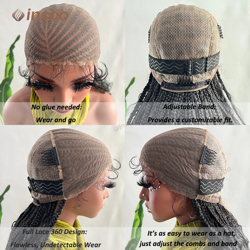 36インチ合成ボヘミアン風グルーレス編み込みウィッグ黒人女性用フルレースボックス編み込みウィッグサイドパートコーンロウ編み込みウィッグ