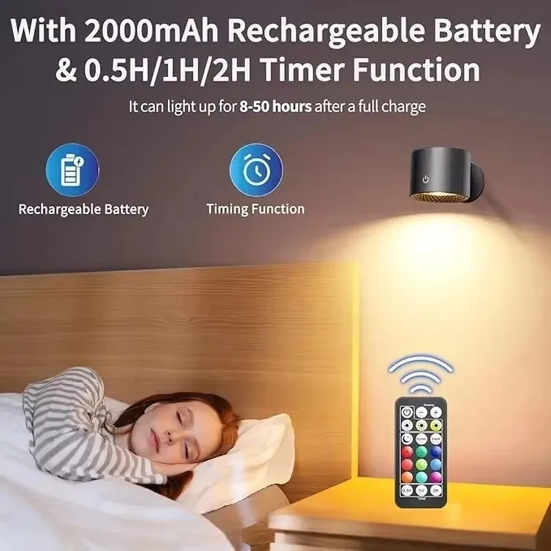 Remote Control 9 Colors RGB LED Up Down Wall Lamp 360° Rotatable Rechargeable Wireless Lamp for Bedroom Bedside
