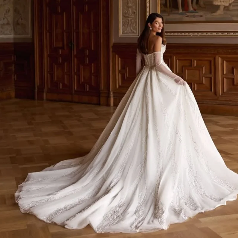 Shiny White Wedding Dresses off-shoulder The corset decal Bridal Gowns A skirt Pearl jewelry multi-layer Made ﻿Customize