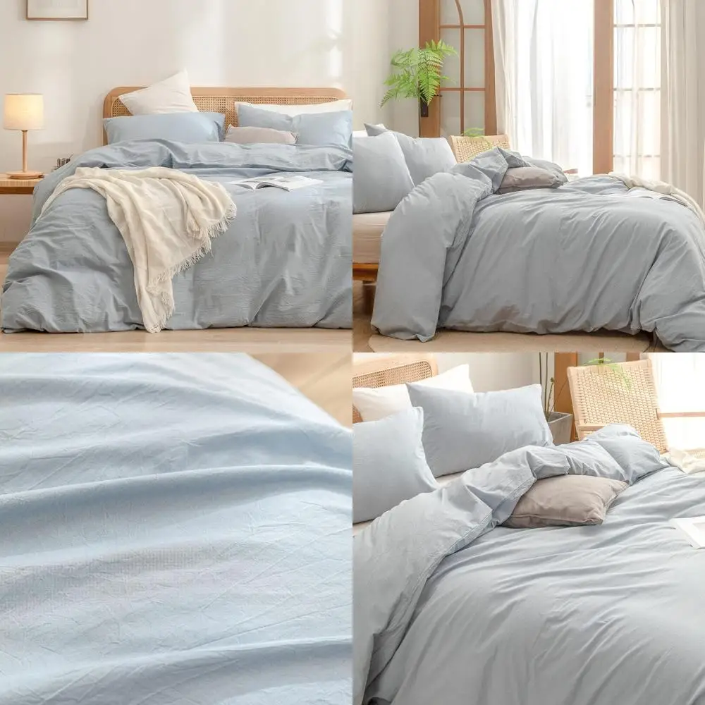 

100% Cotton Washed Linen Soft Comfortable Lightweight Duvet Cover Set - Chic 3 Piece Bedding for Home - Cornflower Blue Elegant
