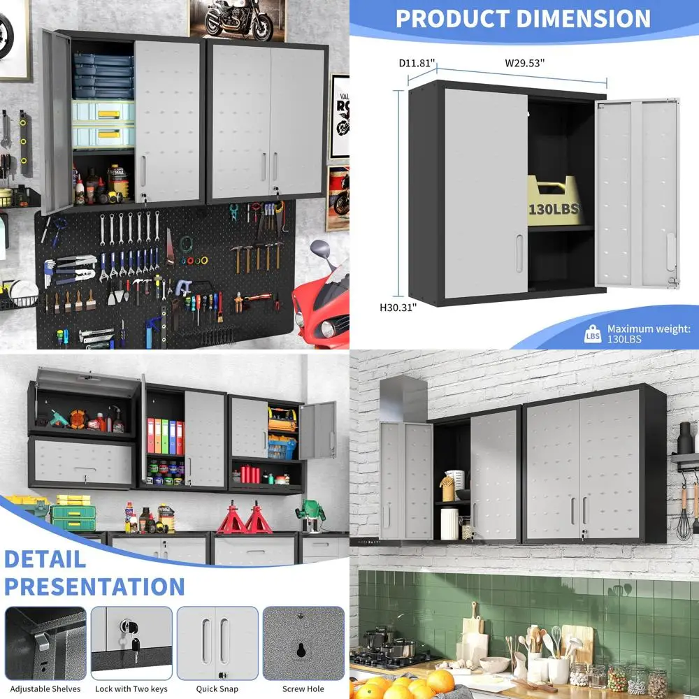 

Металлический шкаф для хранения с дверцами и полками для гаража, подвесной шкаф для инструментов, черно-серый
