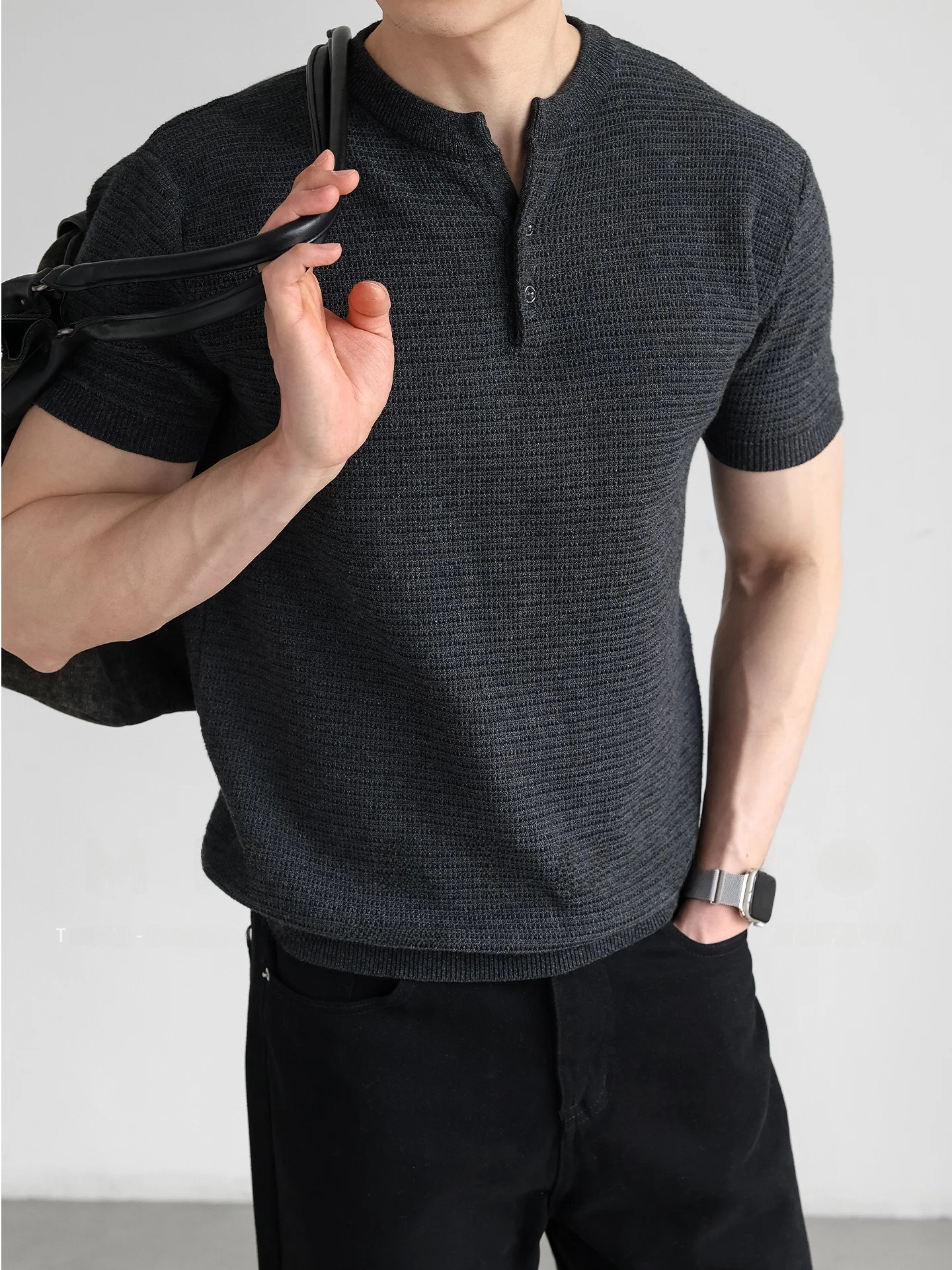 Cool Feeling Knitted Short Sleeve T-Shirt Men's Heavyweight 3D Weave Henry Collar Breathable Summer Commute Casual Top
