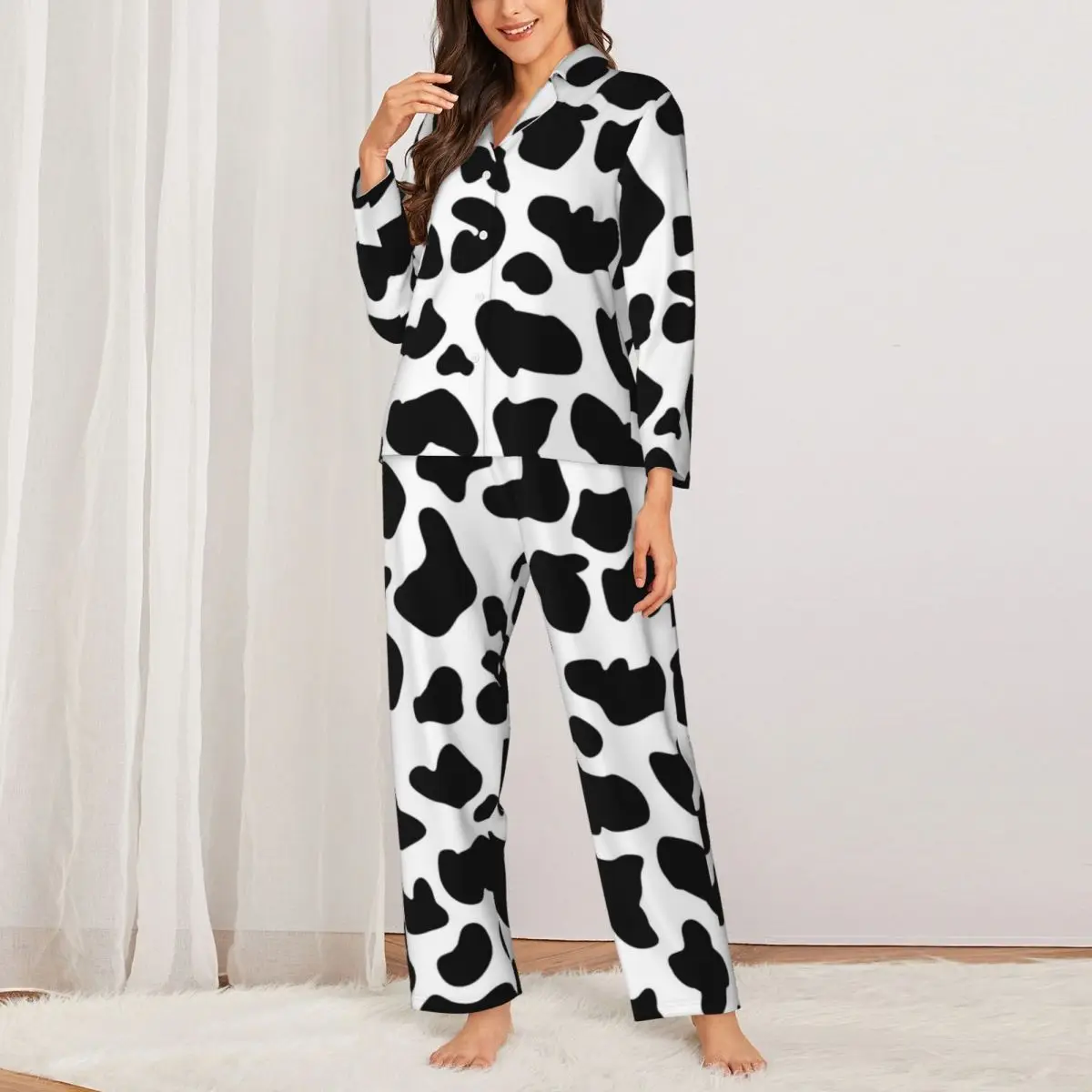 Cow Print Pajama Set Autumn Farm Animal Cute Home Sleepwear Women 2 Pieces Retro Oversized Pattern Nightwear Birthday Present