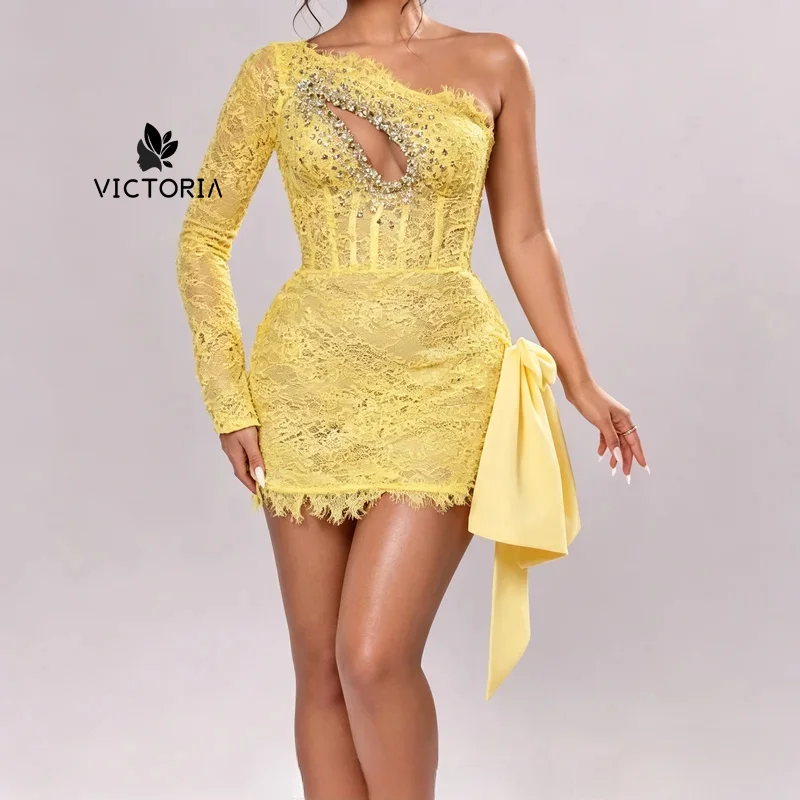 Yellow Lace Homecoming Mini Dress Chest Crystal Cutout Boned Corset Side Satin Bow Fringe Short Cocktail Prom Dress Customized