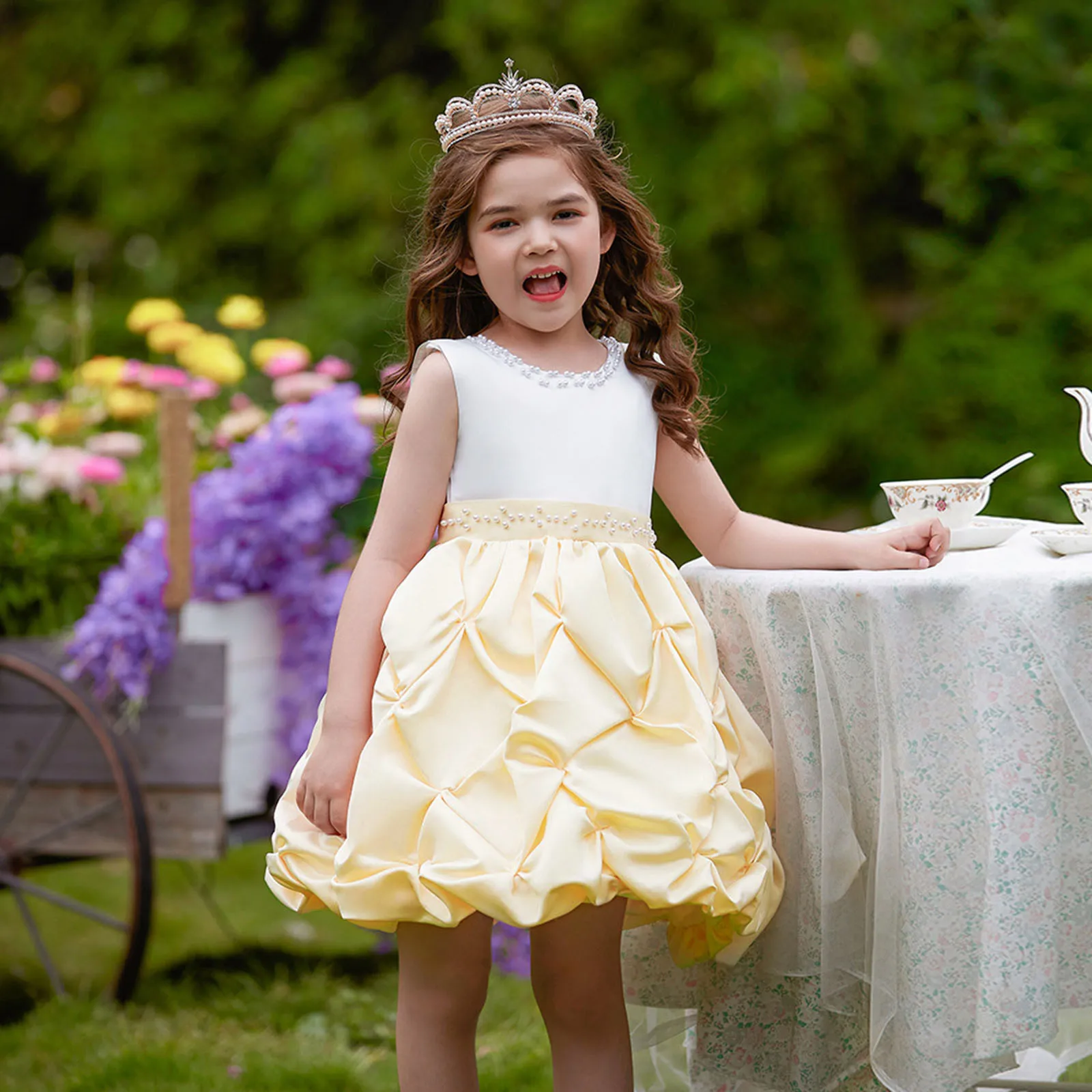 

Children Girls Elegant Dress Beaded Satin Clothing Gowns Carnival Party Festival Christening Dress Cute Girls Formal Dresses