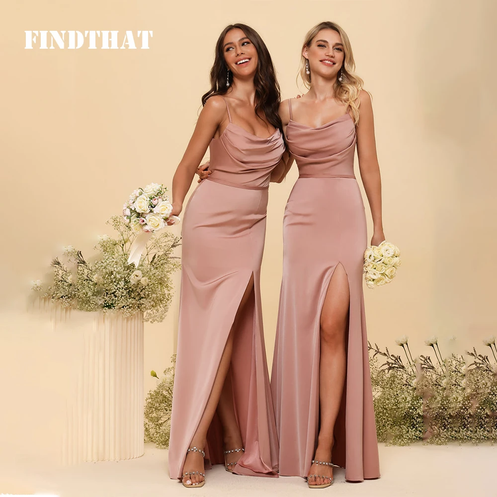 

Findthat Bridesmaid Dress for Wedding V-Neck Spaghetti-Straps Ruched Neck Satin Mermaid Evening Party Gowns Side Slit Sleeveless