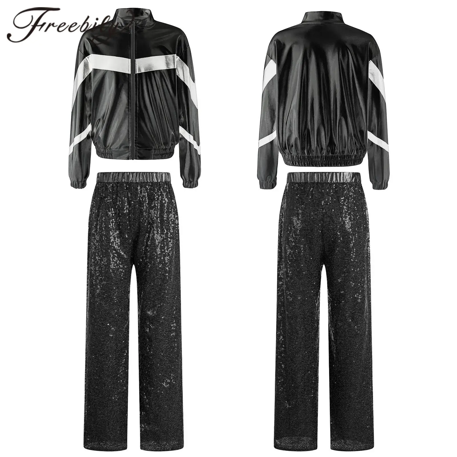 Children Girl Hip Hop Outfit Jazz Dance Costume Teens Long Sleeve Zipper Metallic Jacket + Sequin Pants Party Performance Sets