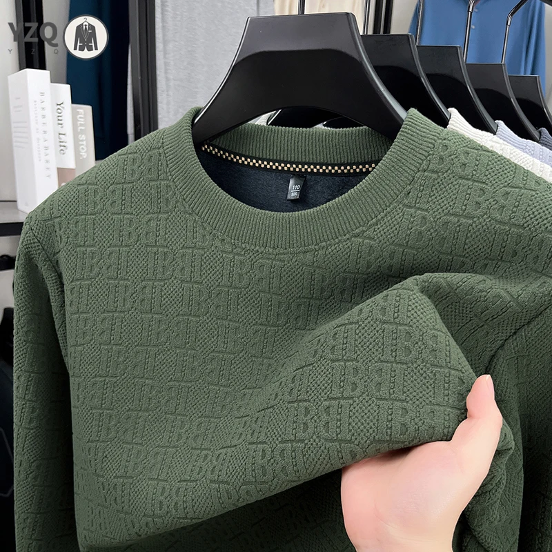 Men Crew Neck Knit Sweater Long Sleeve Allover Embossed Letter Fleece Lined Soft Warm Winter Casual Garment