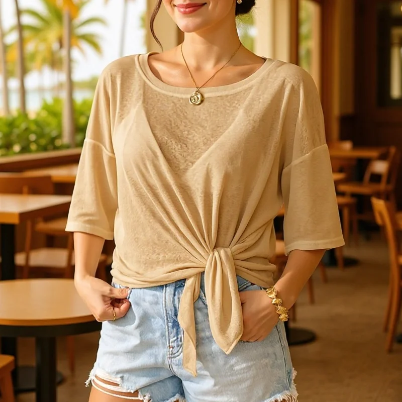 Top sottile da donna in tinta unita con papillon, copricostume ampio da spiaggia con scollo a barca