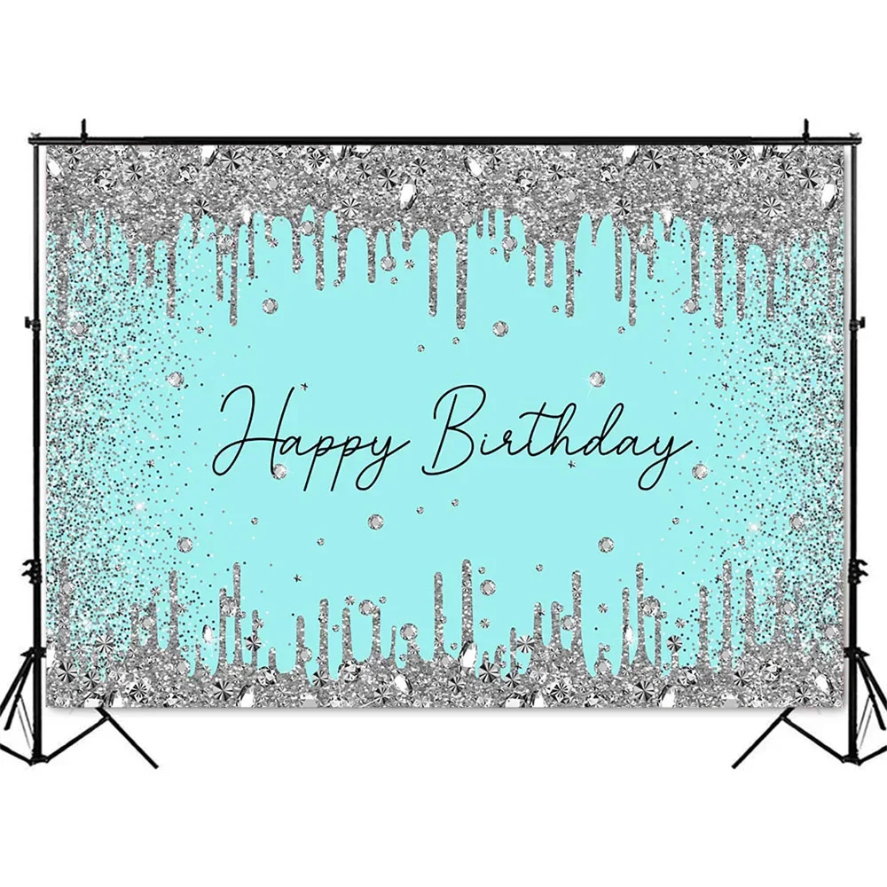 Sliver Glitter Birthday Background Happy Birthday Diamonds Photo Backdrop Light Blue Kids Birthday Party Decoration Banner Props