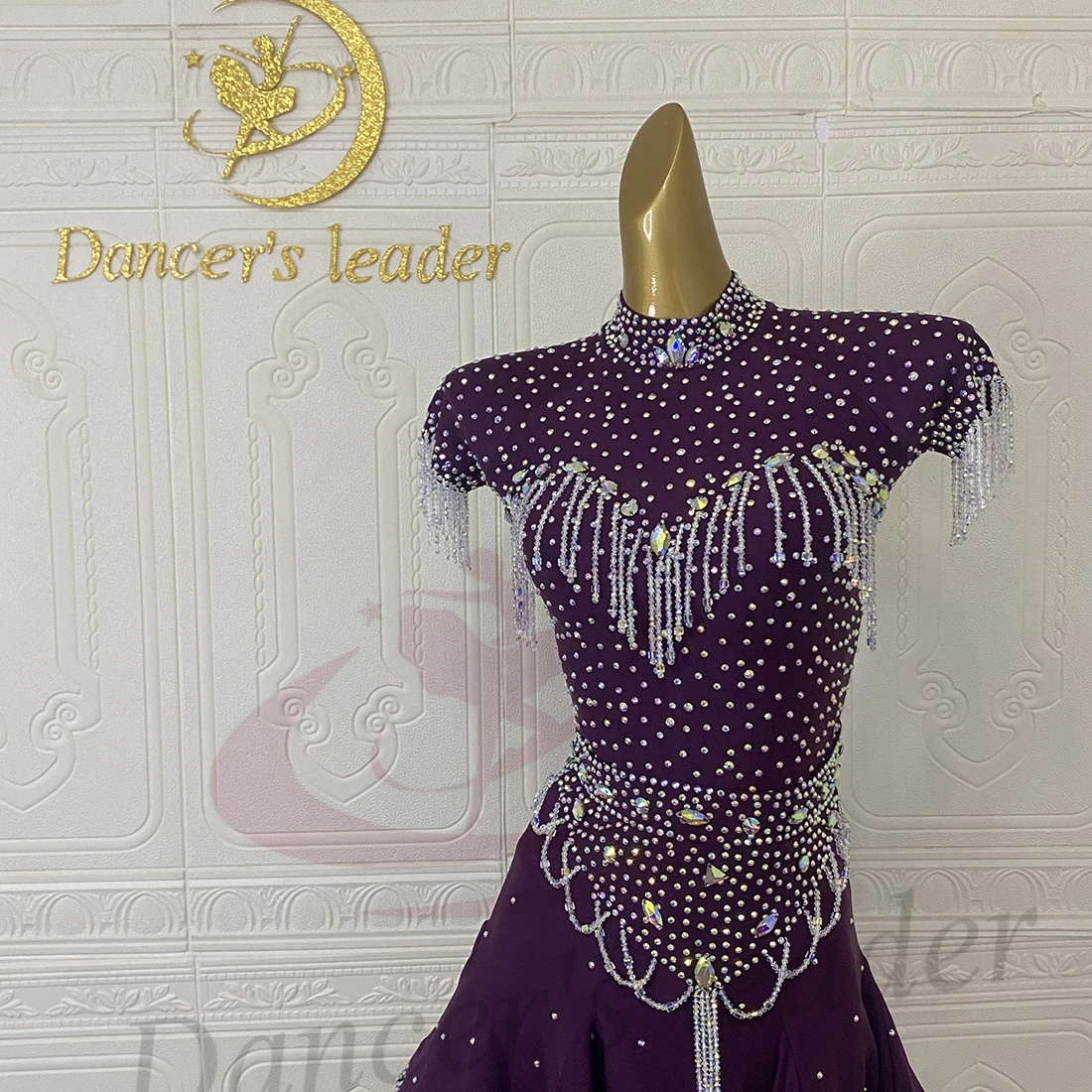 Sukienka do tańca latynoamerykańskiego AB Stone, damska, dla dorosłych i dzieci, ekskluzywna, szyta na miarę, z kryształami, frędzlami, kwiatami, czarna, na występy samba, do tańca basenowego.