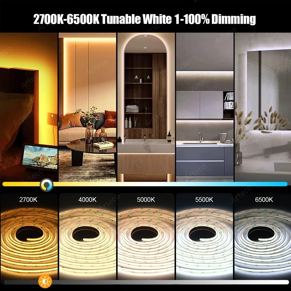 Zigbee COB CCT Led Strip Light 24V 608Leds/m High Density Flexible Tape 2700K-6500K Led Lights 5m 10m 15m 20m Support Tuya Alexa